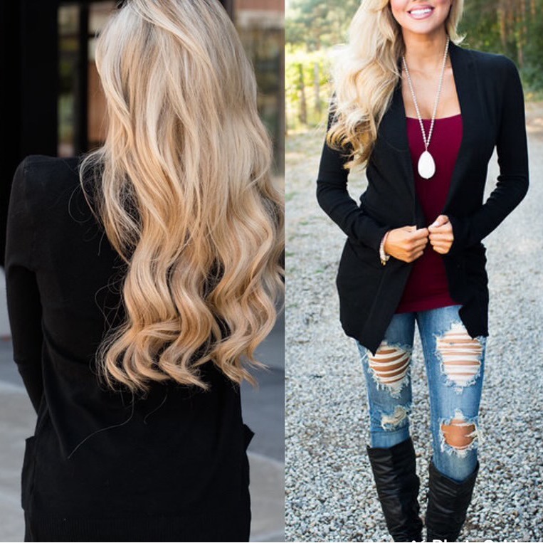 Women Cardigan Sweater Jacket Black Pocket Front